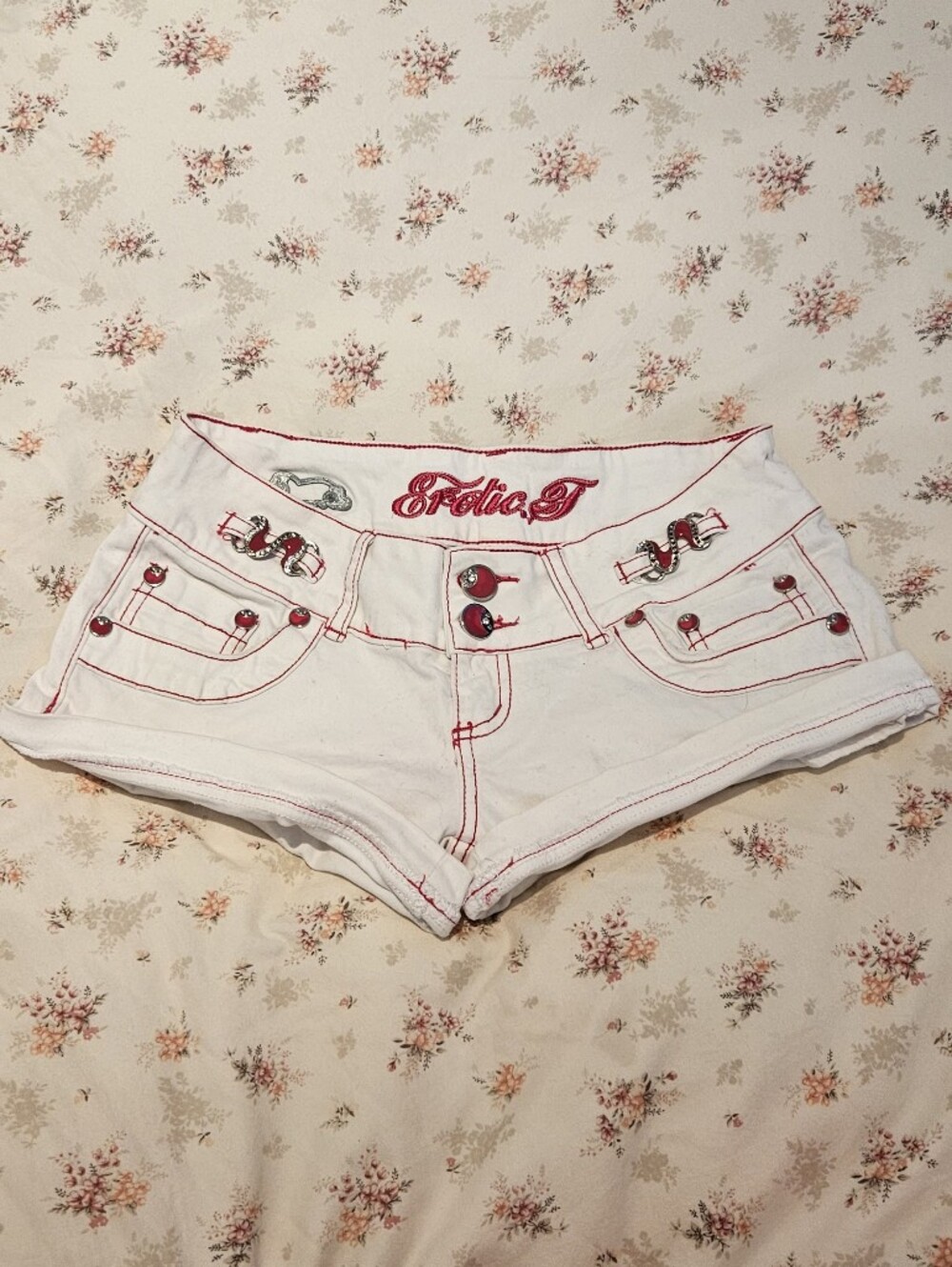 White Embroidered Y2k Shorts
